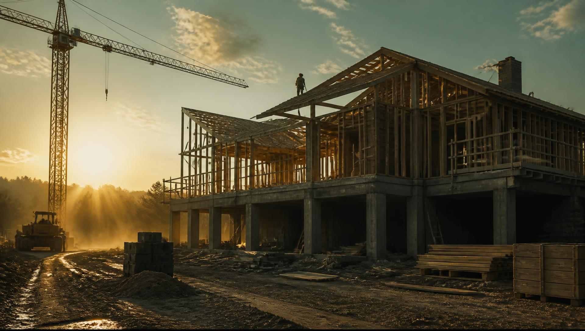 Timber-framed house under construction at golden hour